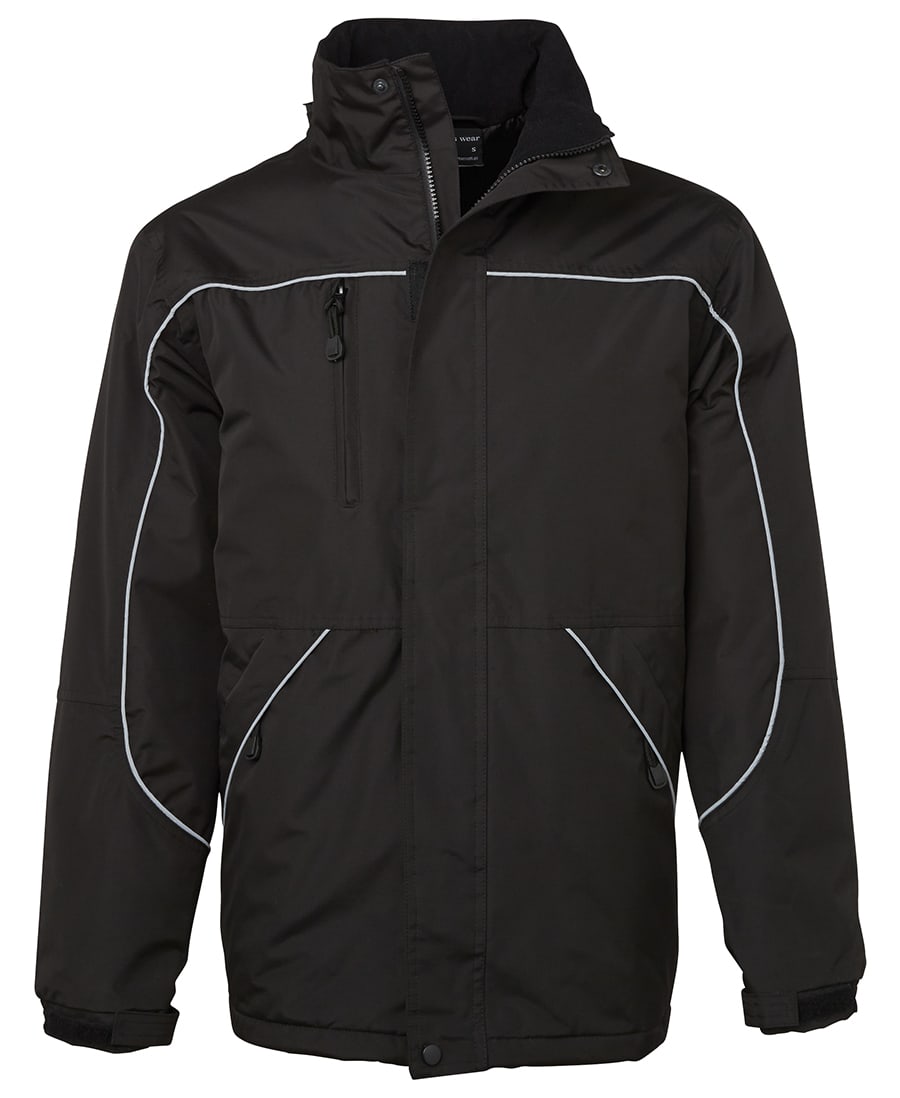 A black rain jacket featuring white piping and multiple pockets, with a zippered front and high collar. JB's Tempest Jacket - Image 1