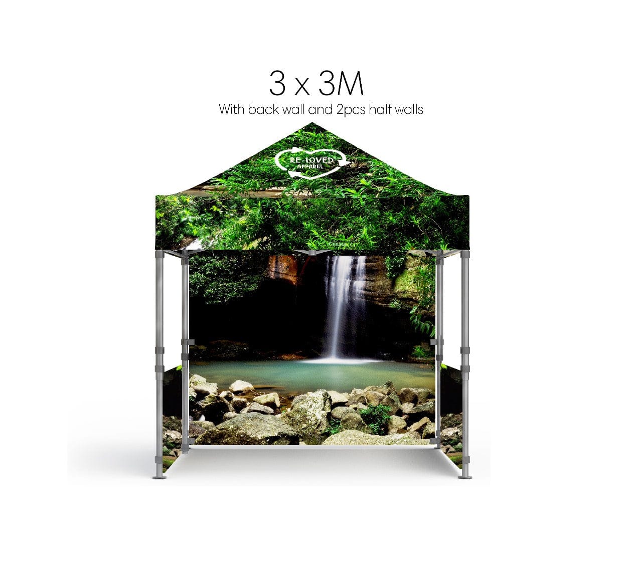 A 3m x 3m sustainable rPET pop-up tent featuring a nature-themed design with a waterfall and greenery. Includes a logo. Sustainable rPET Pop-up Tent (3M x 3M) - Image 1
