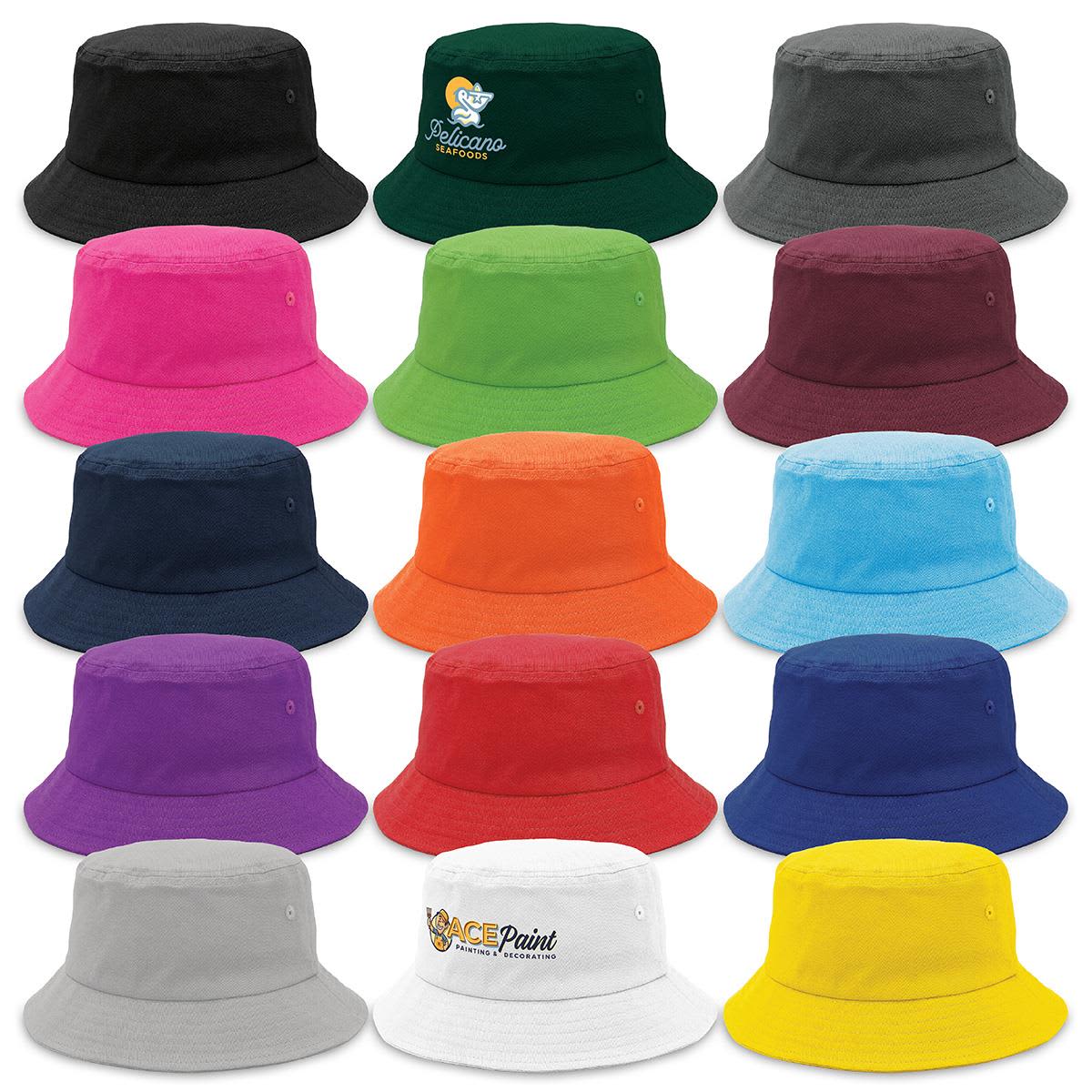 A variety of bucket hats in multiple colours, featuring a logo on some hats. The Bells Bucket - Image 1