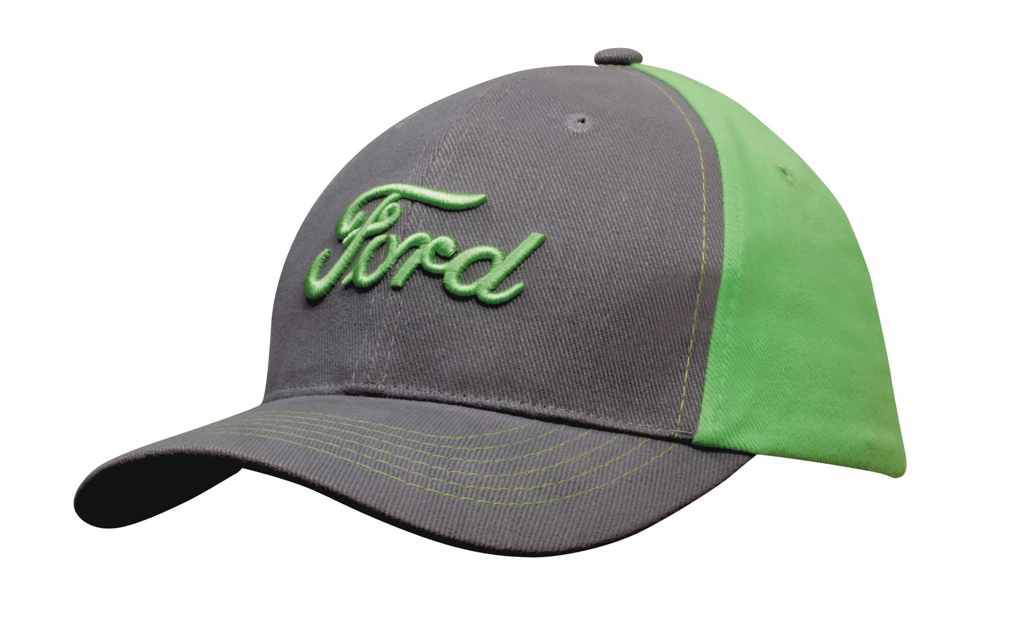 A grey and green cap featuring a logo, with a contrast design and embroidered detailing. Brushed Heavy Cotton Contrast Cap - Image 1