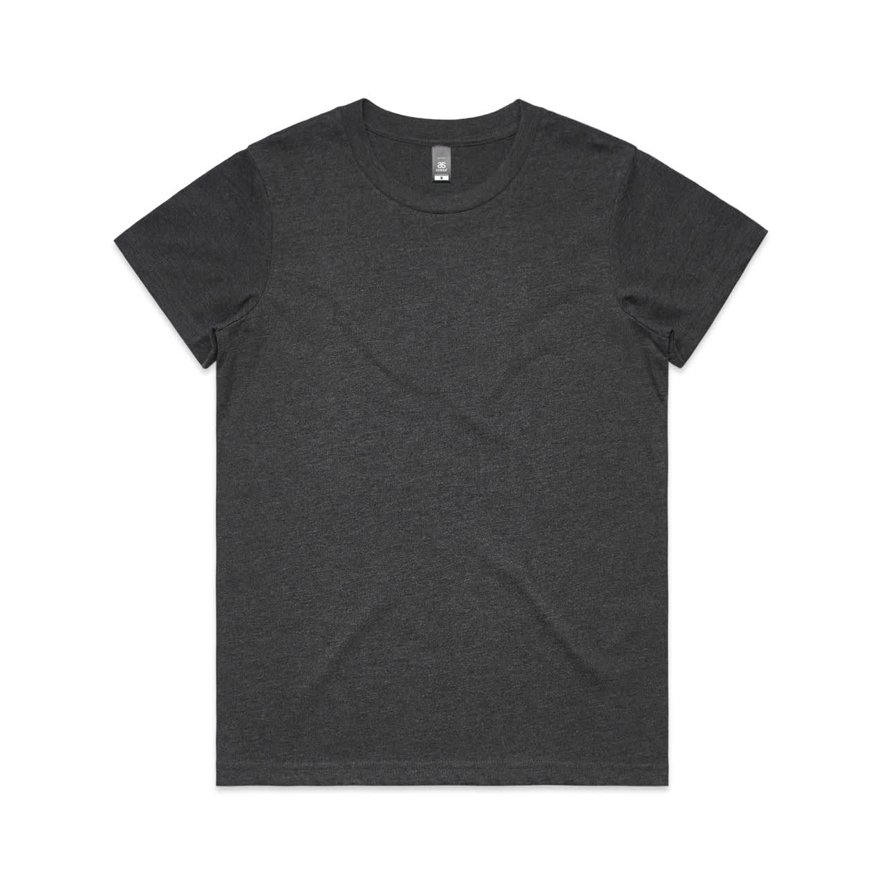A dark grey t-shirt with a classic crew neck and short sleeves. It features a small logo on the interior tag. Wo's Maple Marle Tee - Image 1
