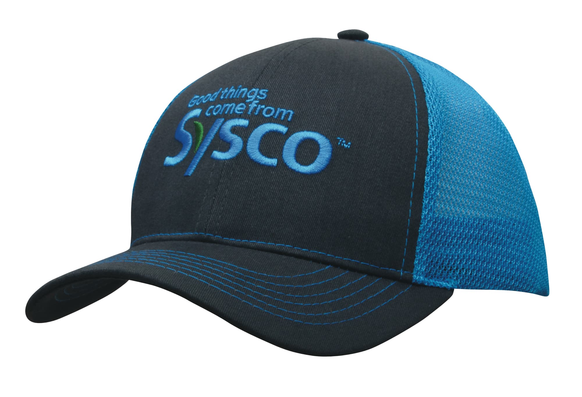 A brushed cotton cap with a mesh back, featuring a blue front and black mesh sides, and a logo on the front. Brushed Cotton with Mesh Back Cap - Image 1