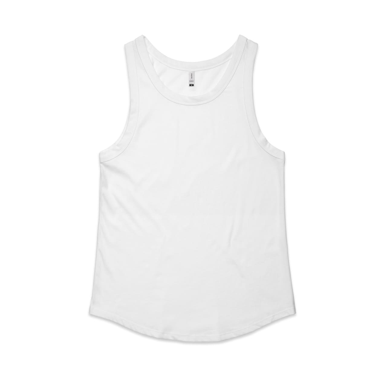 A white singlet featuring a curved hem and a logo on the inside label. Suitable for casual wear. Wo's Sunday Singlet - Image 1