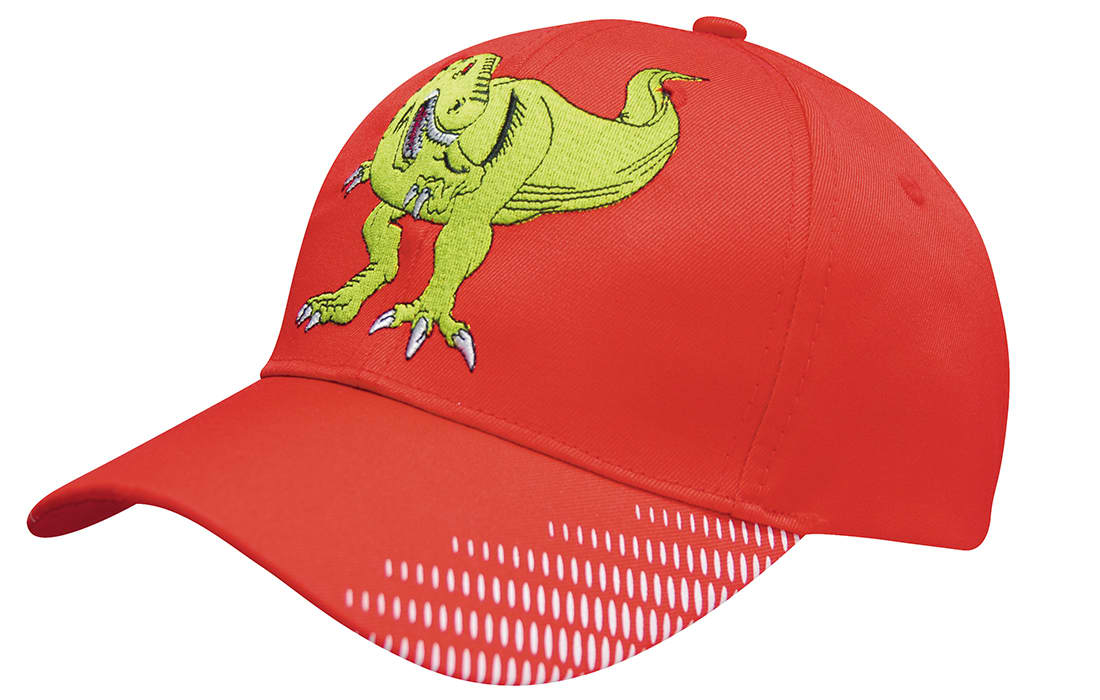 A red cap featuring a green dinosaur illustration and a logo on the side with breathable mesh detailing. Breathable Poly Twill with Peak Flash Print - Image 1