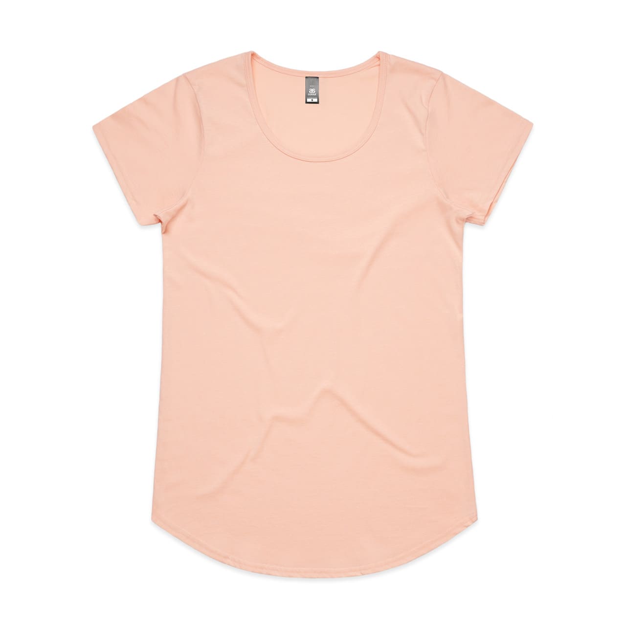 A light peach T-shirt with a scoop neck and short sleeves, featuring a branded label. Wo's Mali Tee - Image 1