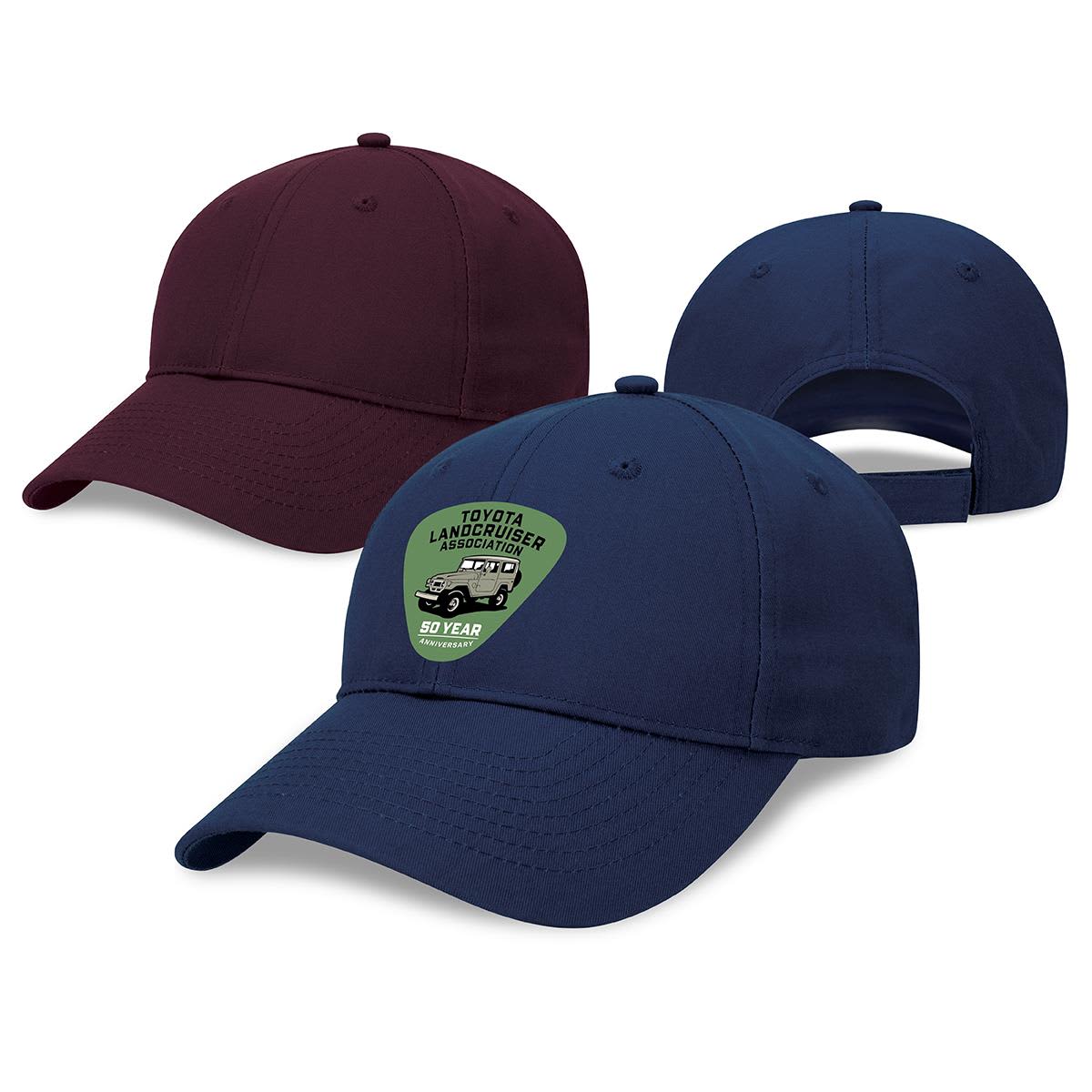 A maroon and navy blue Poly Viscose Cap with a front logo, displaying a classic baseball cap design. Poly Viscose Cap - Image 1