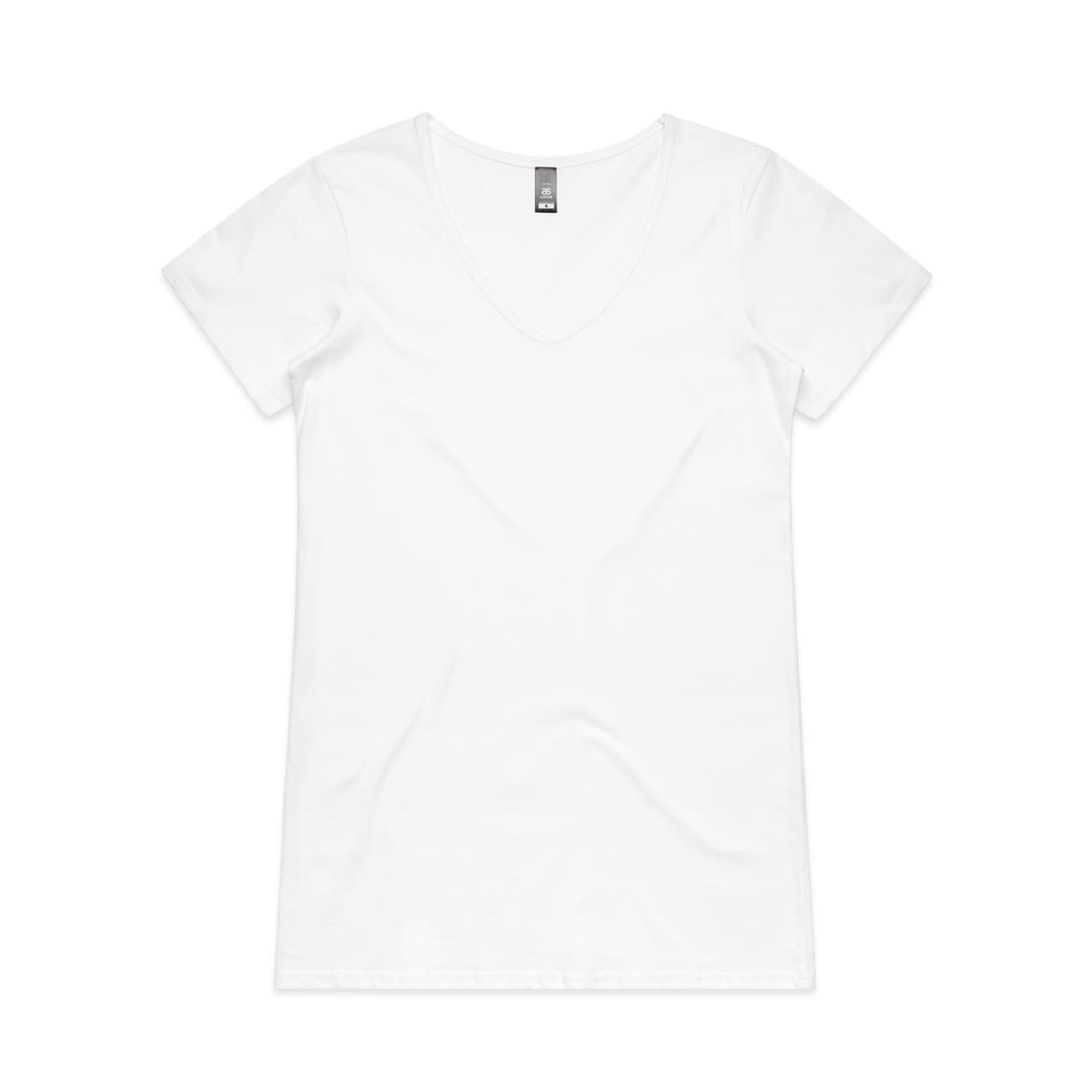 A white V-neck t-shirt with short sleeves and a tag at the neckline. It features a logo on the back. Wo's Bevel V Neck Tee - Image 1