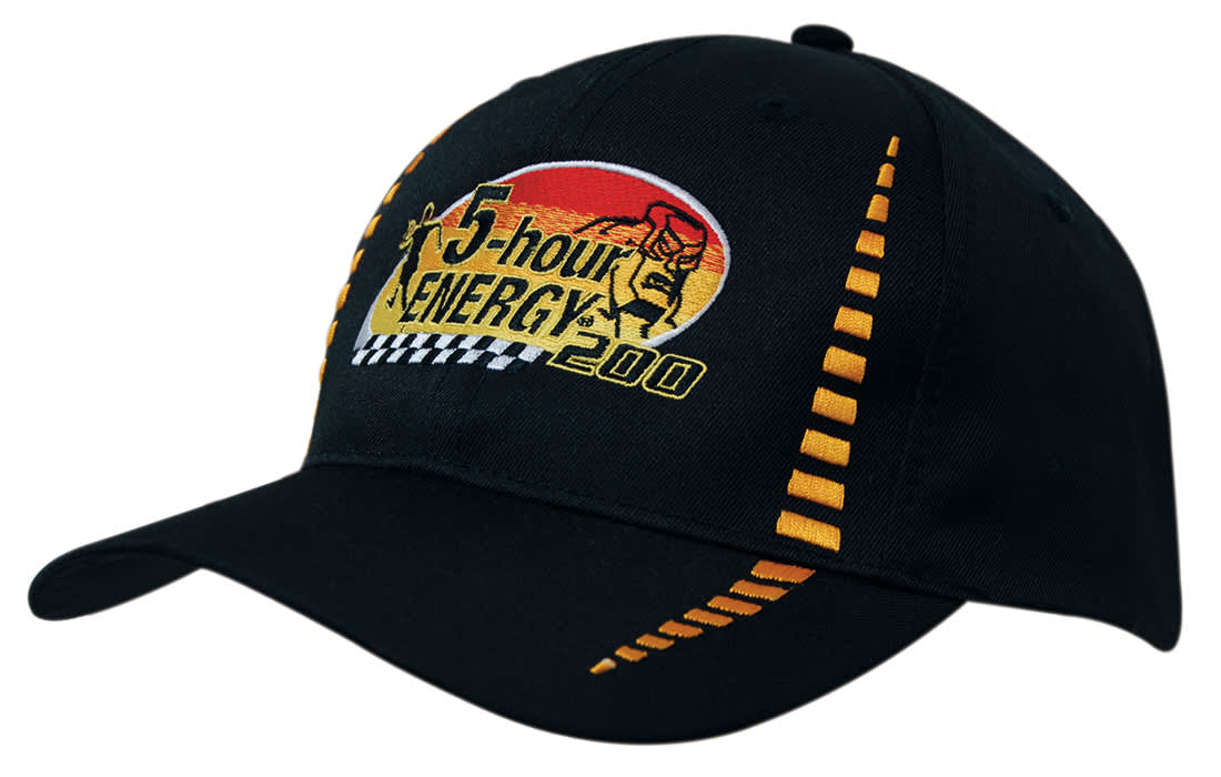 A black cap featuring an embroidered logo and checkered pattern in orange and yellow accents. It has a logo on the front. Breathable Poly Twill with Small Check Patterning - Image 1