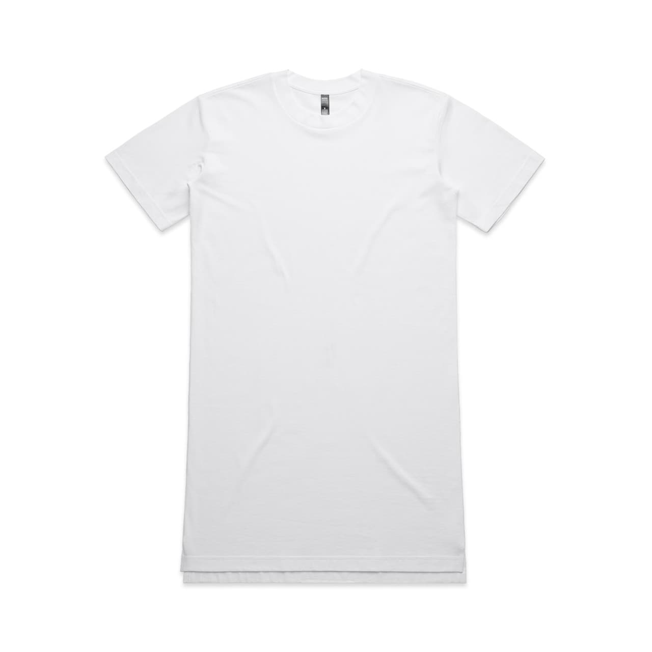 An oversized white T-shirt displayed flat, featuring a round neckline and short sleeves. It has a logo at the neck. Wo's Oversized Dress - Image 1