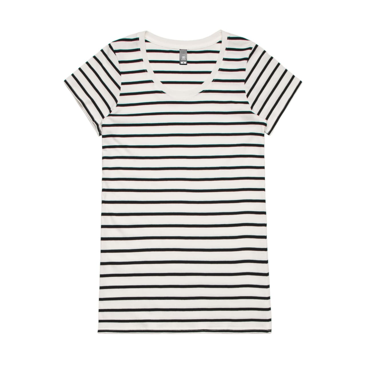 A striped T-shirt featuring horizontal black and white stripes, with a V-neck design and short sleeves. Wo's Loop Stripe Tee - Image 1