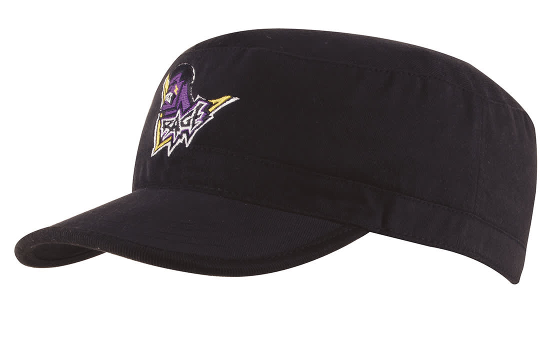 A black military-style cap featuring a logo on the front. Sports Twill Military Cap - Image 1