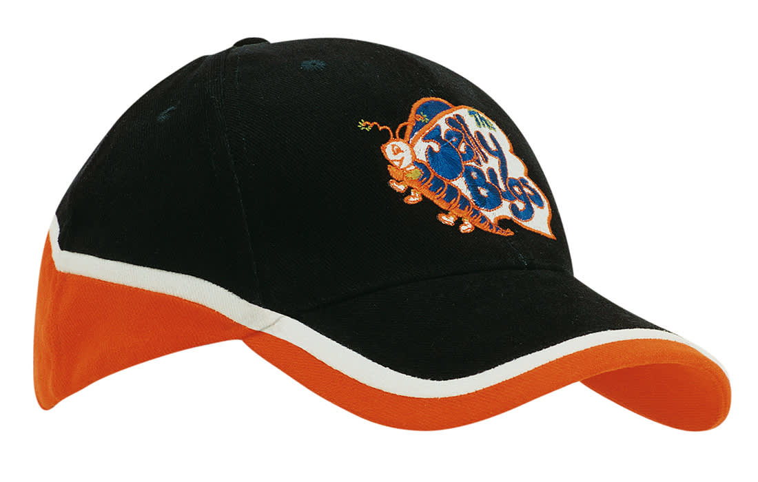 A black and orange tri-coloured cap with a curved visor and decorative stitching, featuring a logo on the front. Brushed Heavy Cotton Tri-Coloured Cap - Image 1