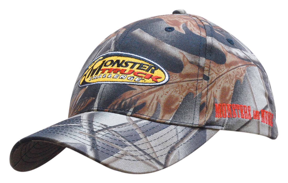A camouflage cap featuring a leaf print design in shades of brown and grey, with a logo on the front. Leaf Print Camouflage Cotton Twill - Image 1
