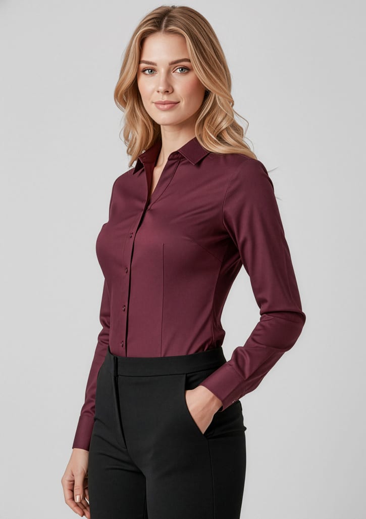 A long-sleeve women's button-up shirt in burgundy, featuring a fitted design and a collar. Womens Hudson Long Sleeve Shirt - Image 1