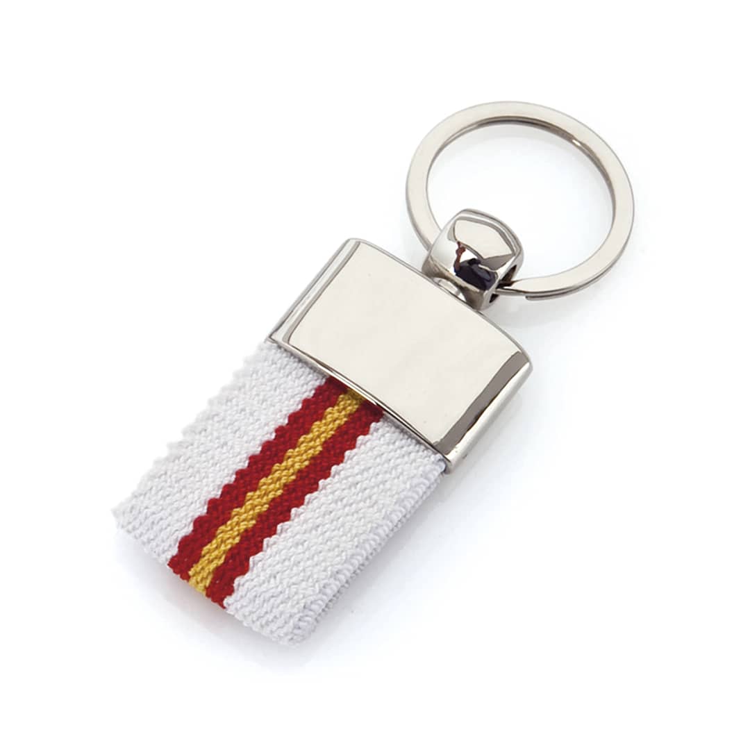 A keyring featuring a white fabric strap with red and yellow stripes, attached to a silver metal keyring. Vinger Keyring - Image 1