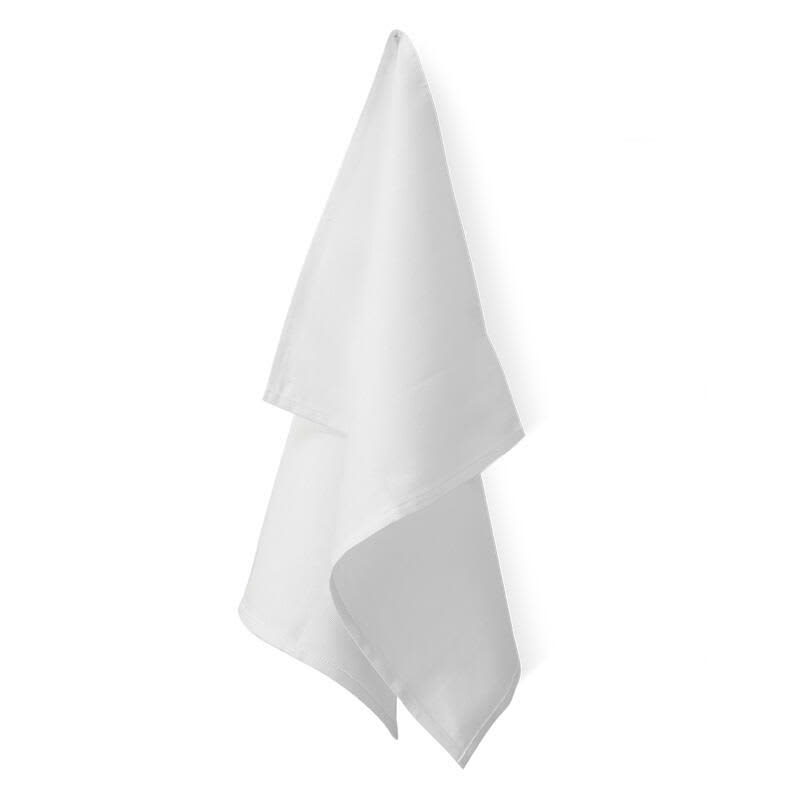 Two white kitchen towels hanging, with a smooth and soft texture, featuring a brand logo. Torcione Kitchen Towel (2 pack) - Image 1