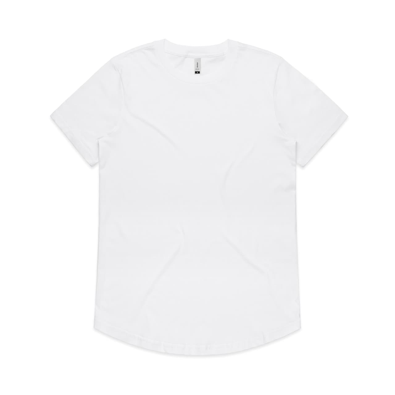 A white T-shirt with a curved hem and a label tag, featuring a logo. Wo's Drop Tee - Image 1