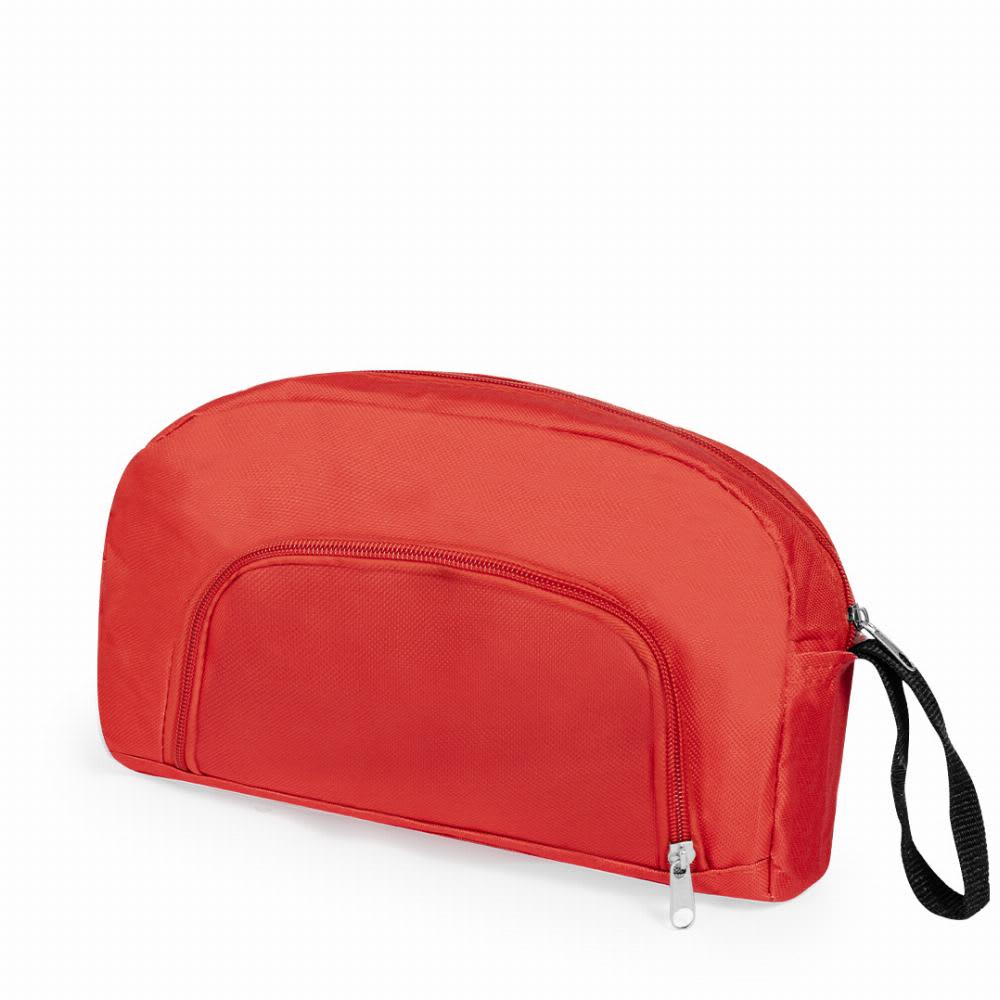 A red cosmetic bag with a zippered compartment and a wrist strap for easy carrying. Espi - Image 1