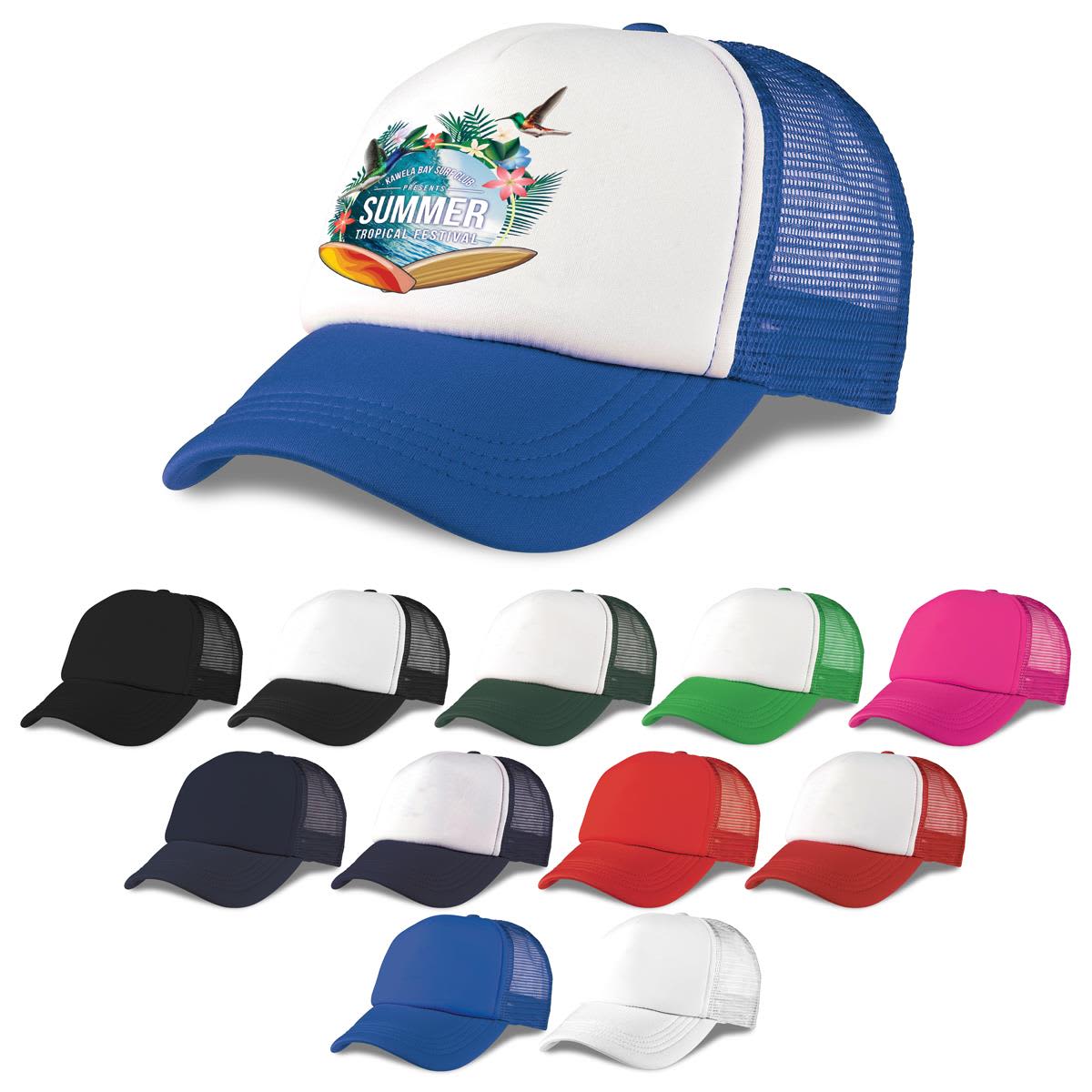 A trucker cap featuring a white front with a blue brim, surrounded by various colour options including black, red, and green. Foam Mesh Trucker - Image 1