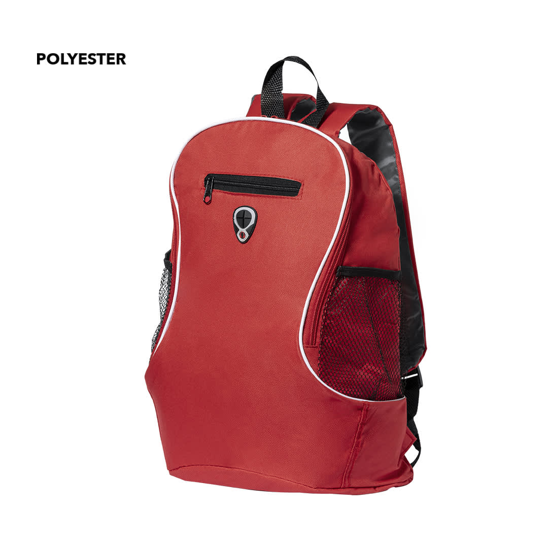 A red backpack with a front zip pocket and mesh side pockets, made from polyester, featuring a logo. Humus Backpack - Image 1