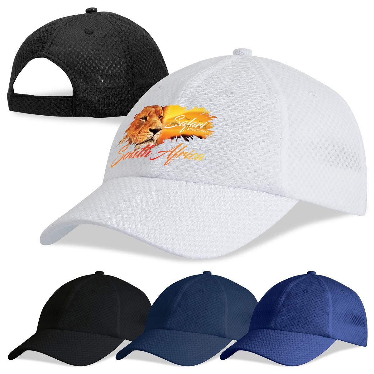 A white cap with a lion graphic and text, accompanied by black, navy, and another black cap in the background. Mesh Sports - Image 1