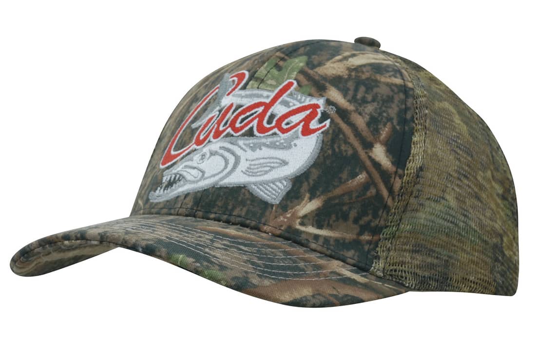 A cap featuring True Timber camouflage pattern with a camo mesh back, adorned with a logo on the front. True Timber Camouflage with Camo Mesh Back - Image 1