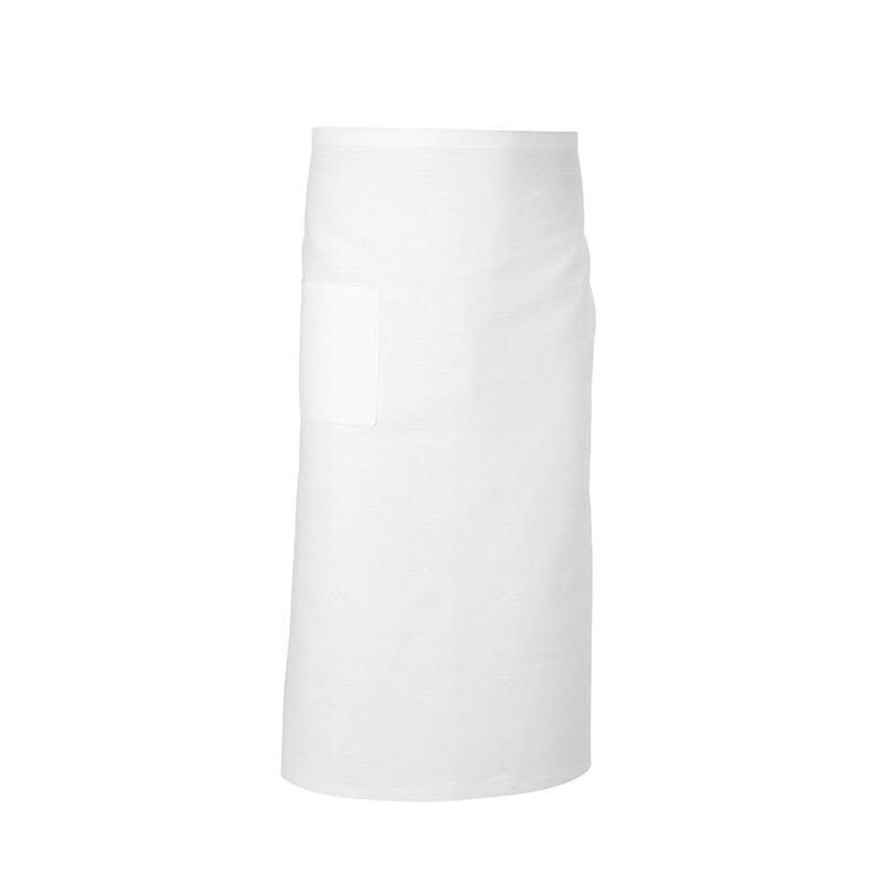 A white mid-length apron with a pocket and a simple design. Features a logo on the fabric. Cook's Apron - Mid Length - Image 1