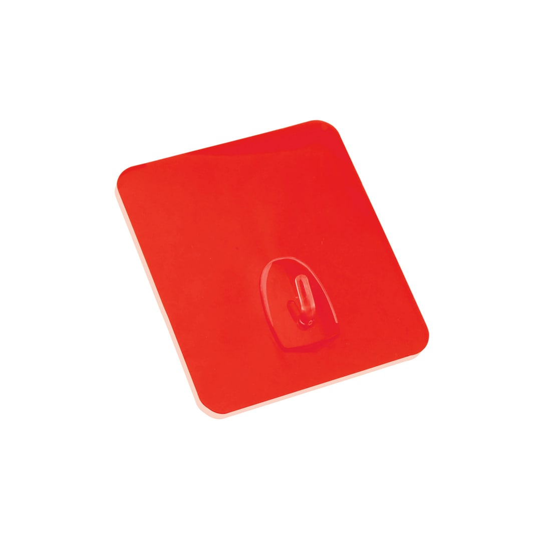 A red square multipurpose hook with a transparent holder on the back. It features a logo. Rucco Multipurpose Hook - Image 1