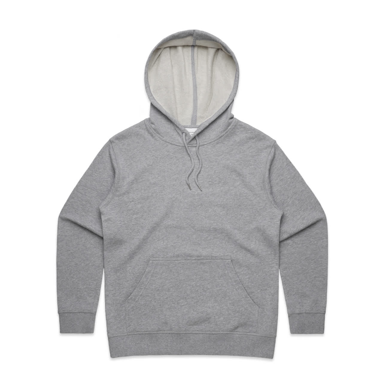 A grey hoodie featuring a front pocket and a light-coloured inner hood. It includes a logo on the garment. Wo's Premium Hood - Image 1
