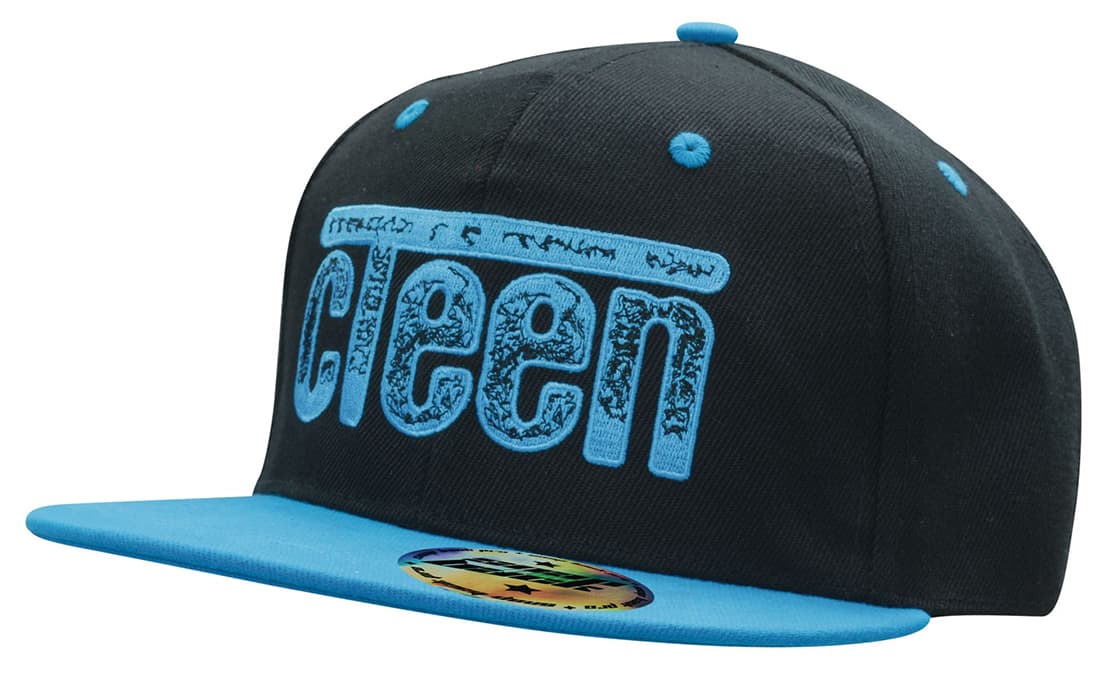 A black cap with a blue peak featuring a logo. The design includes a bold blue graphic on the front. Premium American Twill with Snap Back Pro Styling - Image 1
