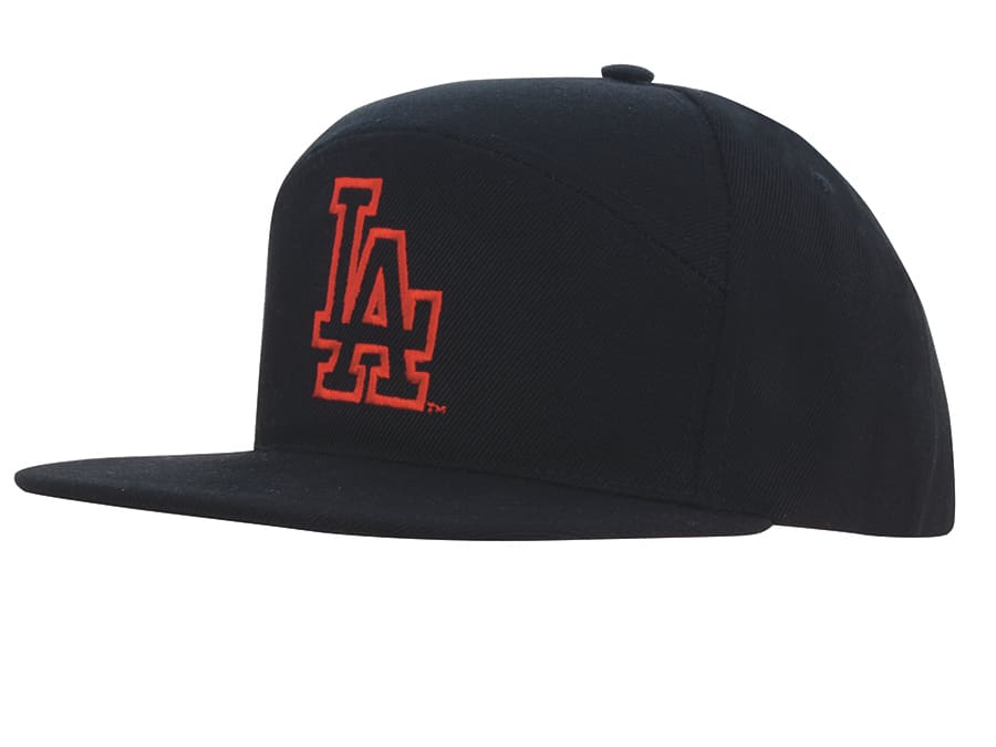 A navy blue A-frame cap featuring an orange logo, designed with a flat brim and structured silhouette. Premium American Twill A Frame Cap - Image 1