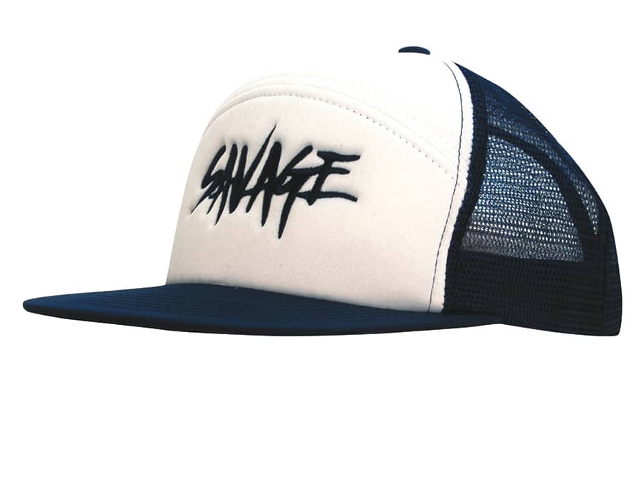 A foam front A-frame cap with a white front and navy blue mesh back, featuring a logo. Foam Front A Frame Cap with Mesh Back - Image 1