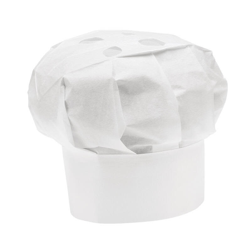 A white chef hat made of paper, featuring decorative holes on top, presented upright. Toque Chef Hat (10 pack) - Image 1