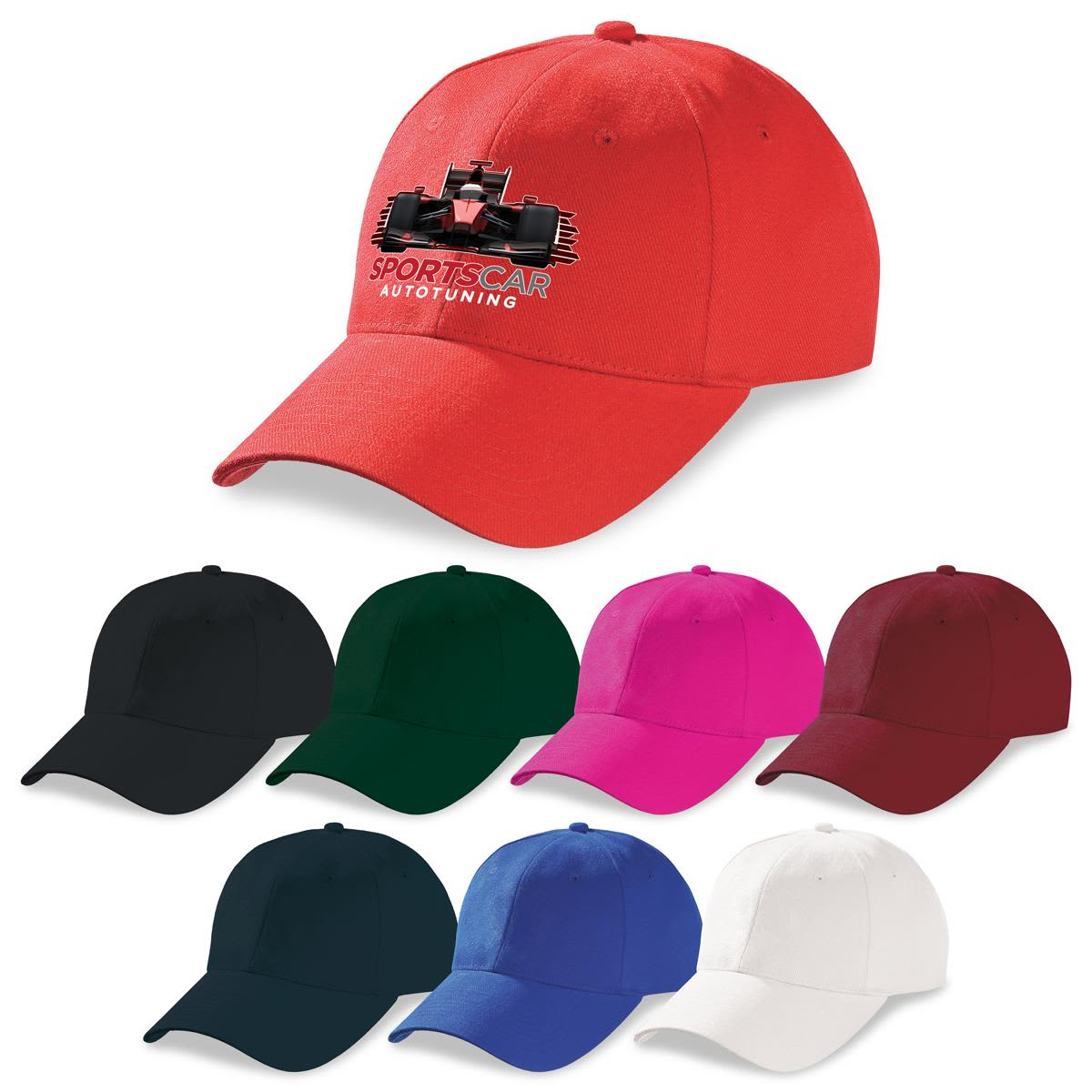 A red cap with a logo, surrounded by caps in black, green, pink, burgundy, blue, and white. Heavy Brushed Cotton Cap - Image 1