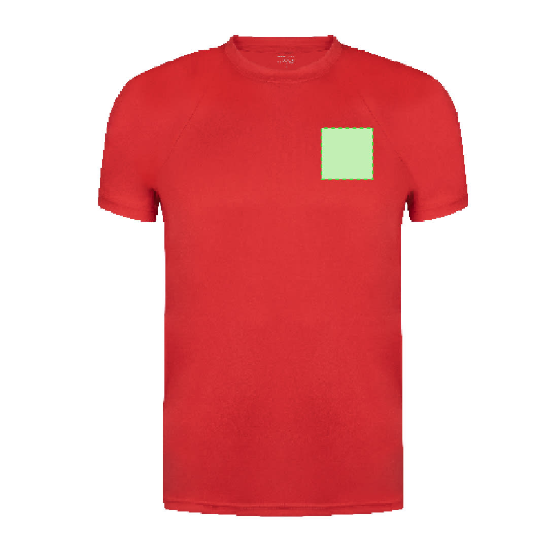 A red adult T-shirt with a green rectangular patch and a logo on the front. Tecnic Plus Adult T-Shirt - Image 1