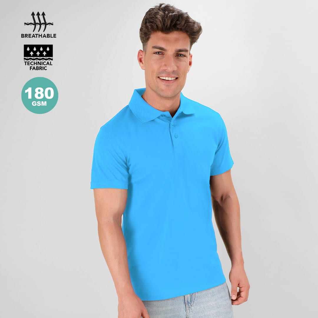 A blue Tecnic Plus Polo Shirt featuring a logo. The shirt is made from breathable technical fabric. Tecnic Plus Polo Shirt - Image 1