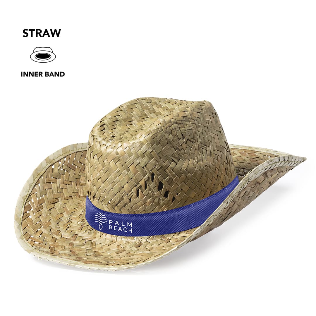 A straw hat with a wide brim and a blue inner band, featuring a logo on the side. Bull Hat - Image 1