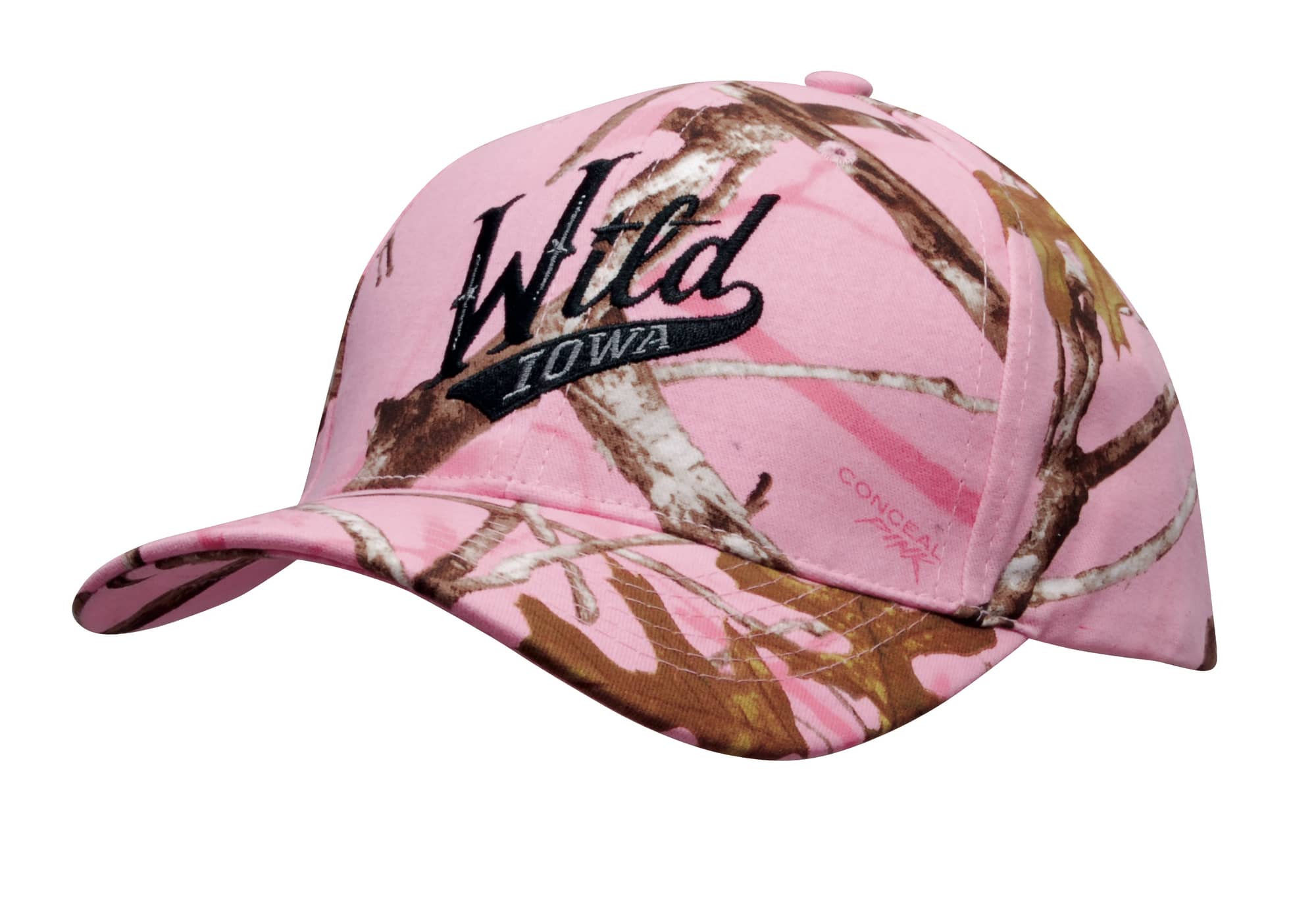 A pink camouflage 6 panel cap featuring a logo, designed with a mix of branches and brown tones. True Timber Camouflage 6 Panel Cap - Image 1