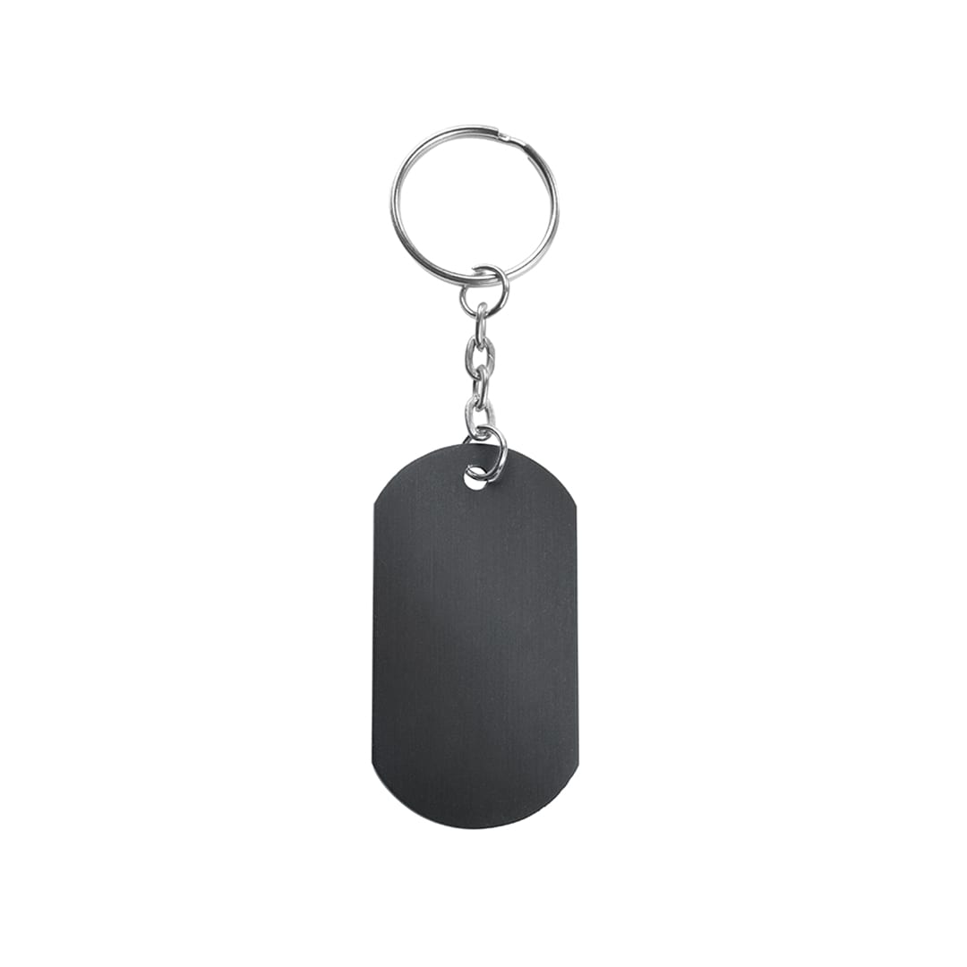 A black keyring with a solid metal tag attached to a silver chain and ring. Nevek Keyring - Image 1