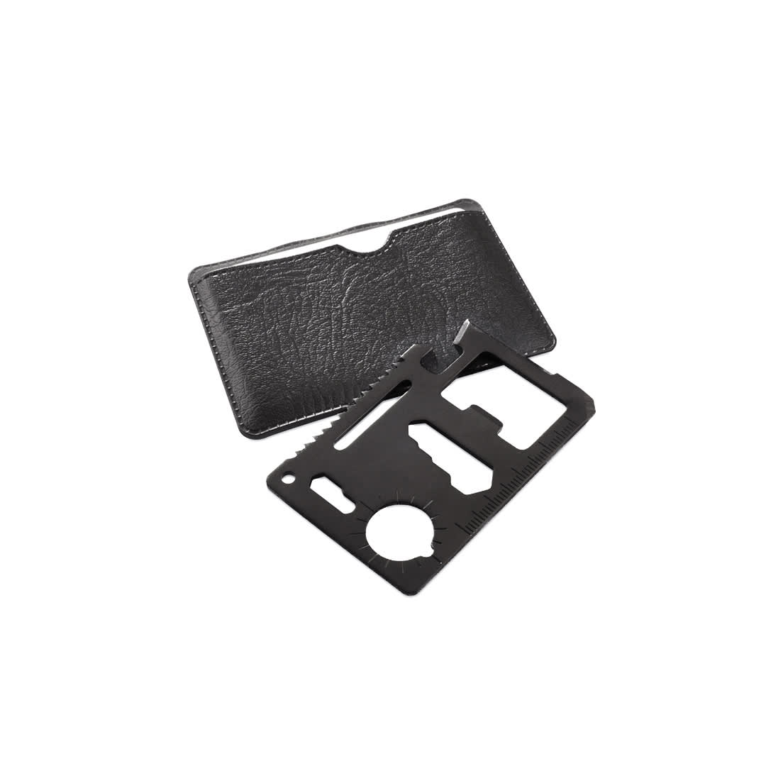 A black multitool card and a black leather case, featuring various tools and a ruler for measurements. Wicax Multitool - Image 1