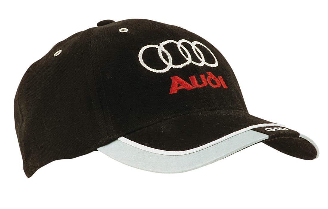 A black cap with a reflective trim and tab on the peak, featuring a logo. Brushed Heavy Cotton with Reflective Trim & Tab on Peak - Image 1