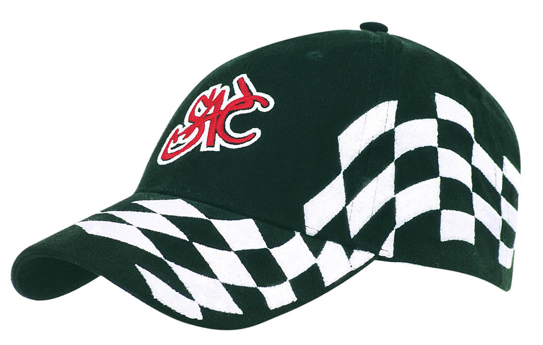 A black cap featuring a checkered pattern in white and a logo on the front. Brushed Heavy Cotton with Checks - Image 1