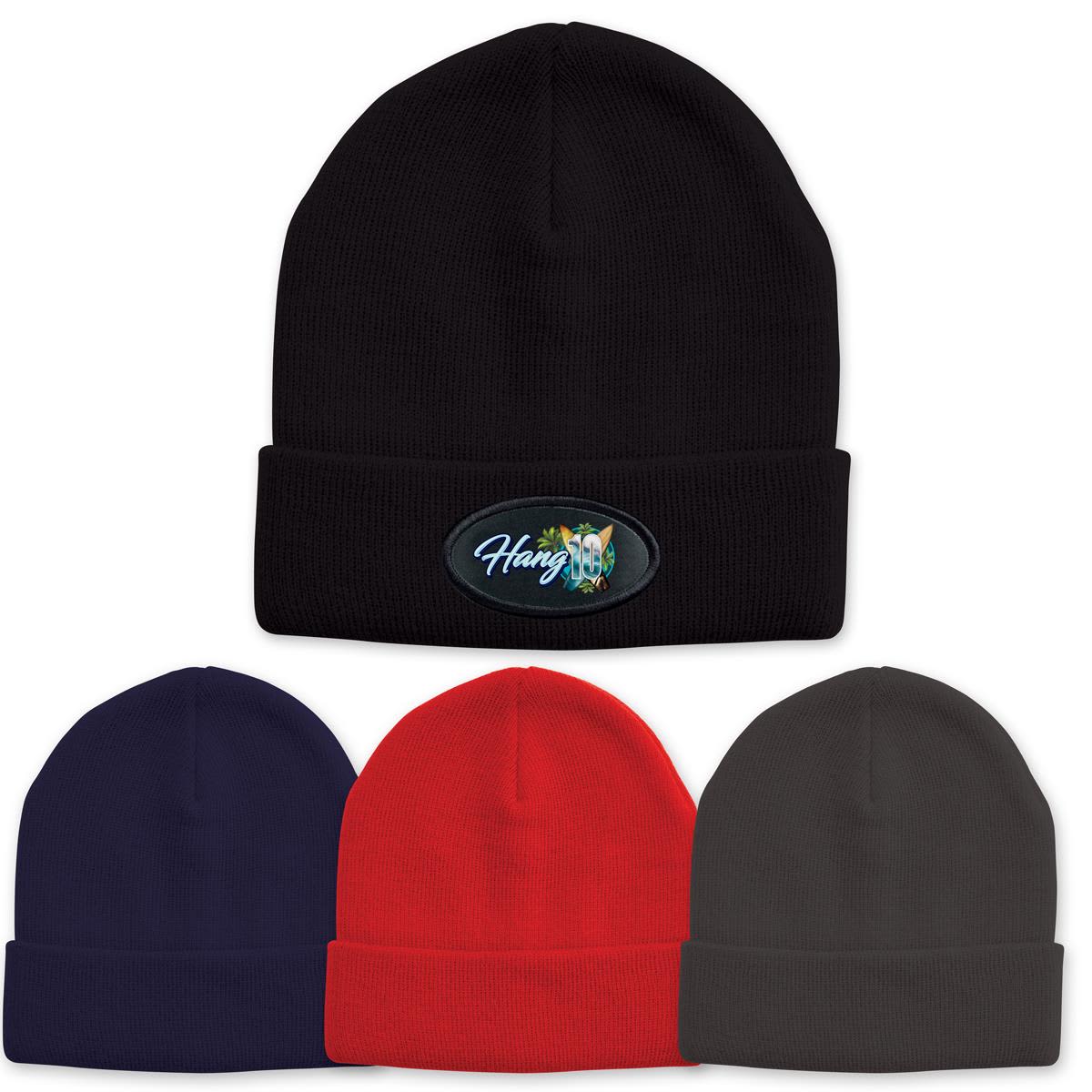 Acrylic beanies in black, navy, red, and dark green, featuring a logo on the front of the black beanie. Acrylic Beanie - Image 1