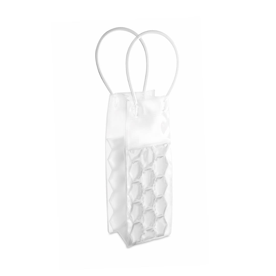 A drink bottle cooler in clear material with a hexagonal design and two white handles. Raycon Bottle Cooler - Image 1
