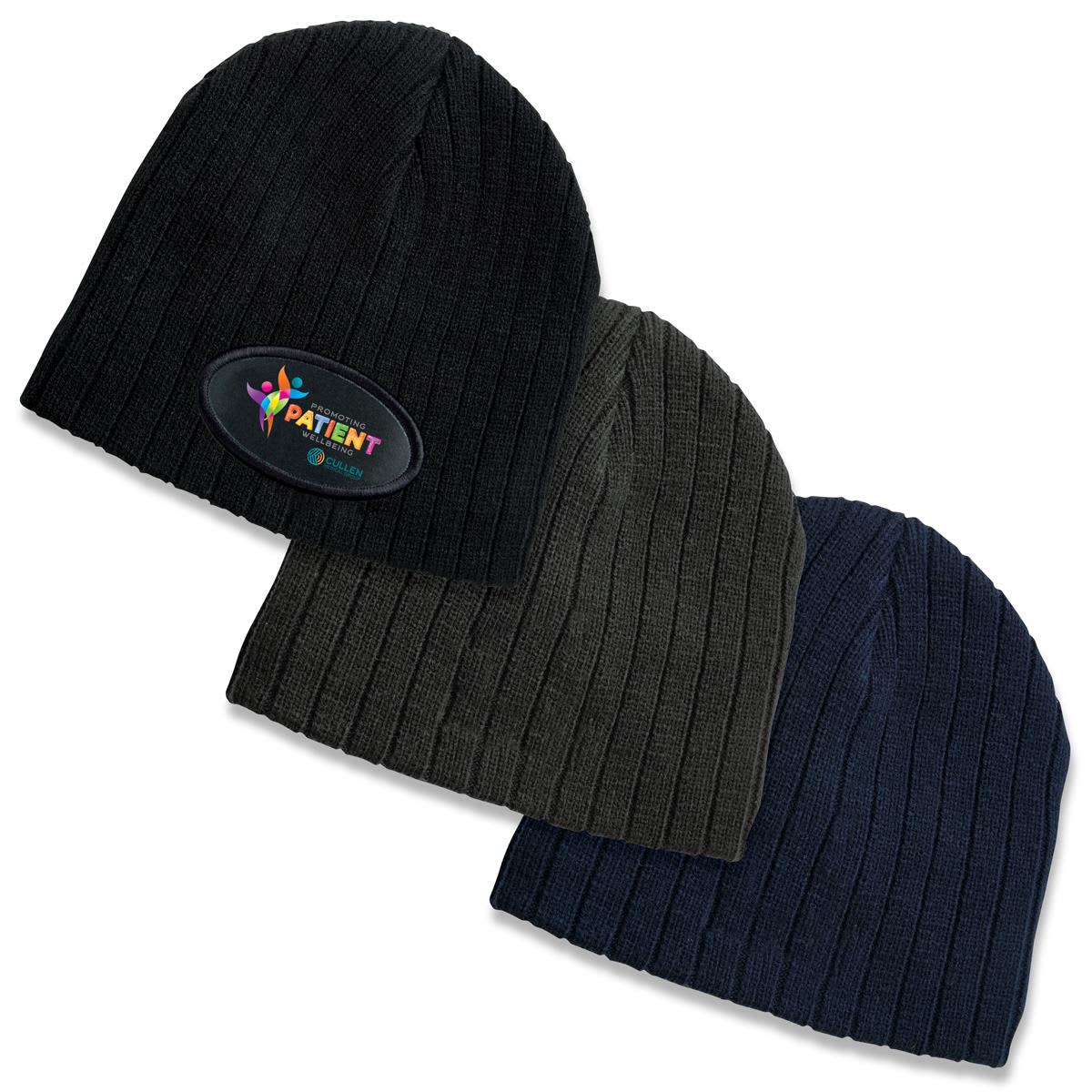 A collection of three cable knit beanies in black, olive green, and navy blue, each featuring a logo. Cable Knit Beanie - Image 1