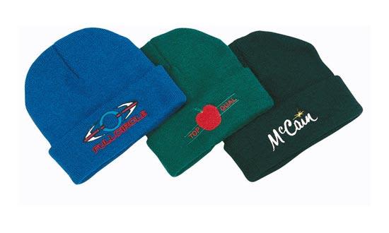 Acrylic beanies in blue, green, and dark green, featuring various logos on the front. Acrylic Beanie - Toque - Image 1