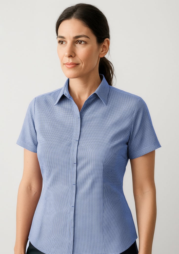 A short-sleeve button-up shirt in light blue, featuring a checkered pattern and a collar. It has a logo on it. Womens Newport Short Sleeve Shirt - Image 1