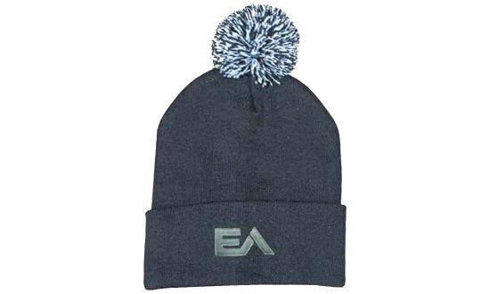 Acrylic beanie in navy blue with a pom pom on top and a logo on the front. Acrylic Beanie with Pom Pom - Image 1