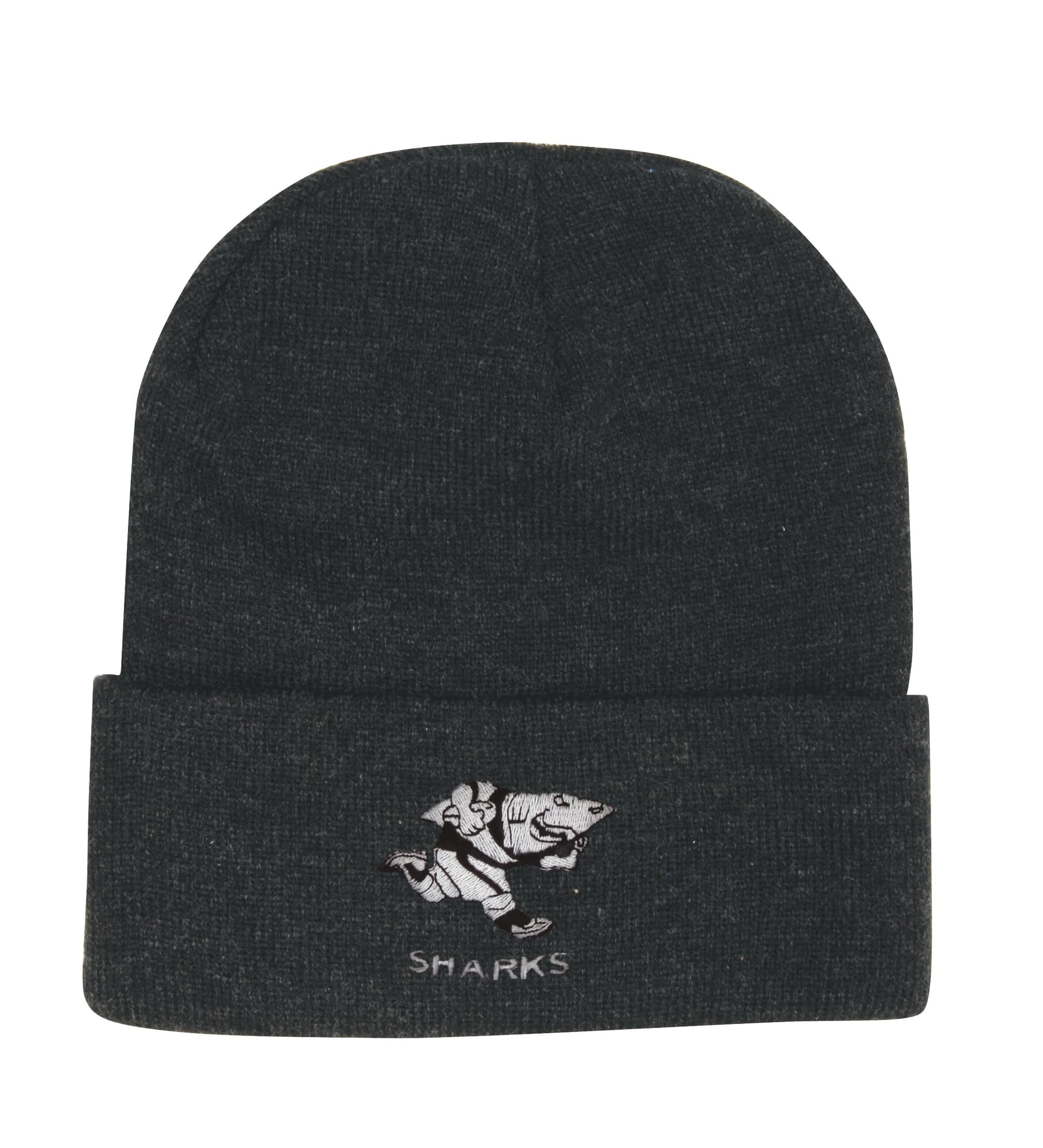 Acrylic beanie in dark grey featuring an embroidered shark graphic and a logo. Acrylic Beanie - Image 1