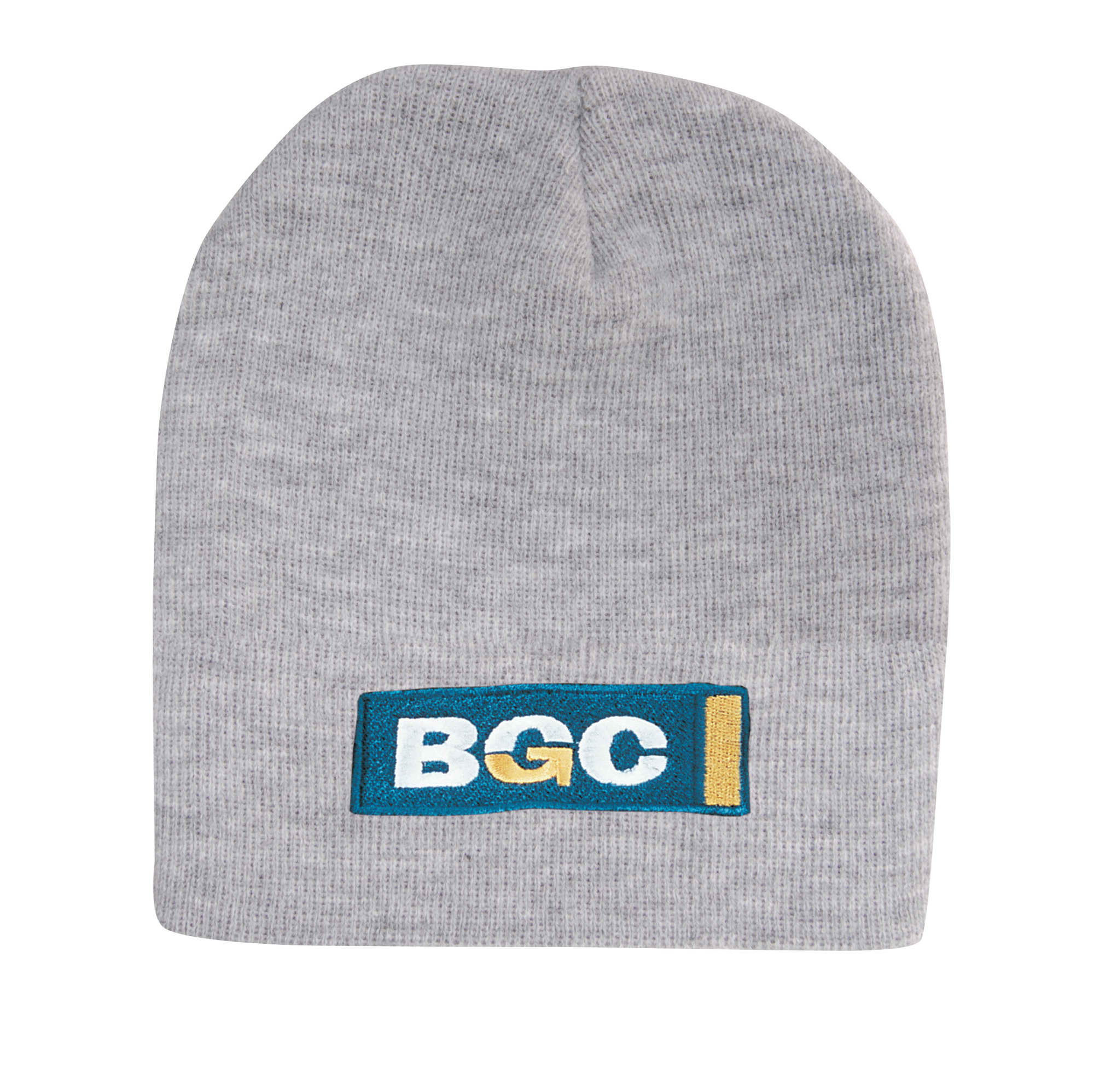 A grey acrylic beanie featuring a logo patch in blue and gold. It has a rolled-down design. Rolled Down Acrylic Beanie - Image 1